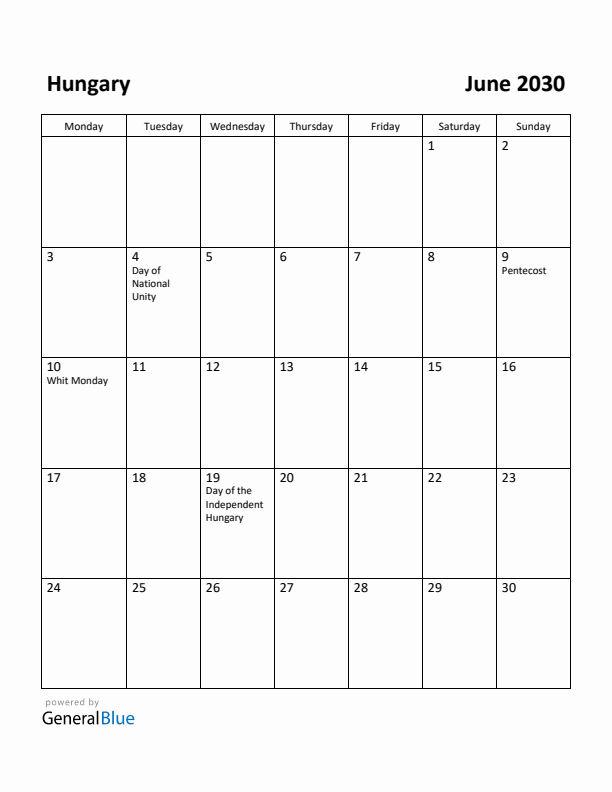 June 2030 Calendar with Hungary Holidays