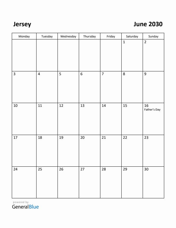 June 2030 Calendar with Jersey Holidays