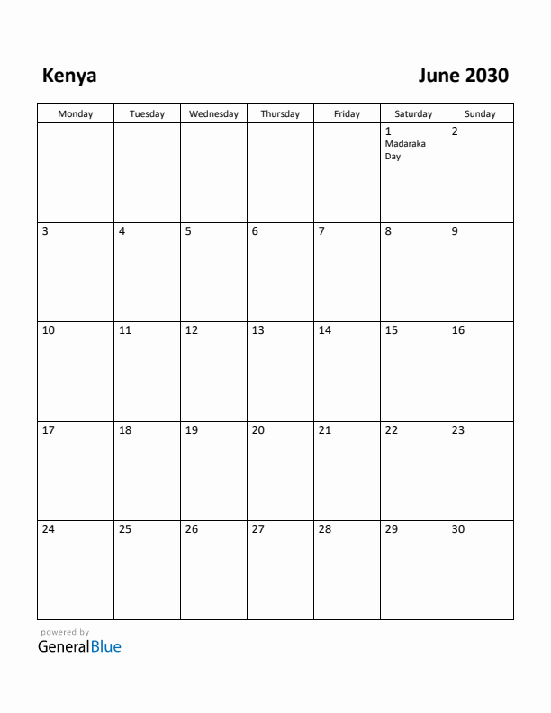 June 2030 Calendar with Kenya Holidays