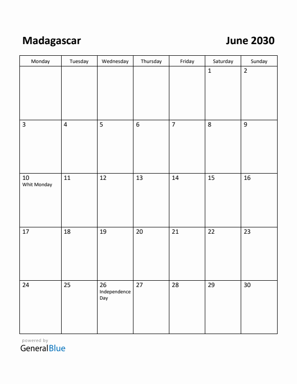 June 2030 Calendar with Madagascar Holidays