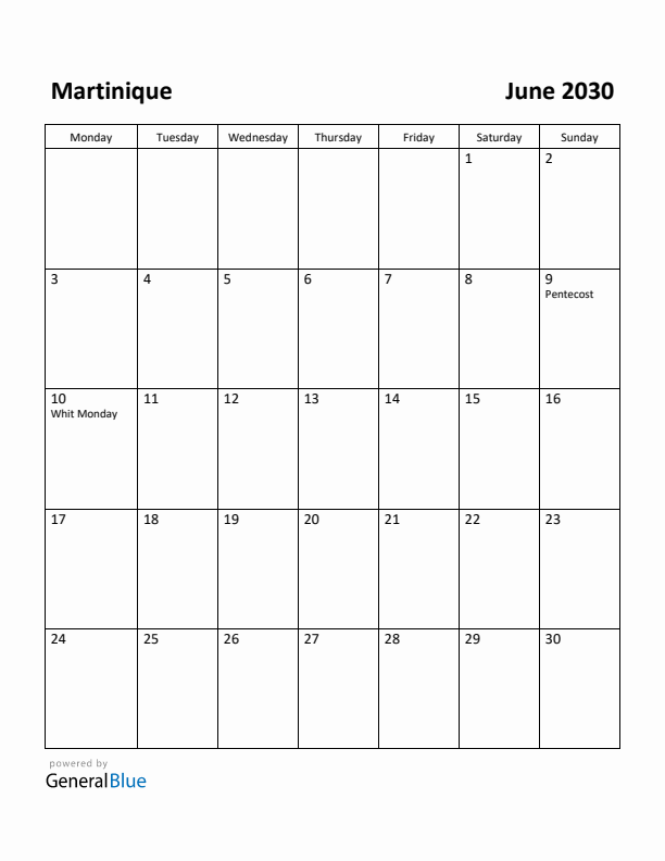 June 2030 Calendar with Martinique Holidays