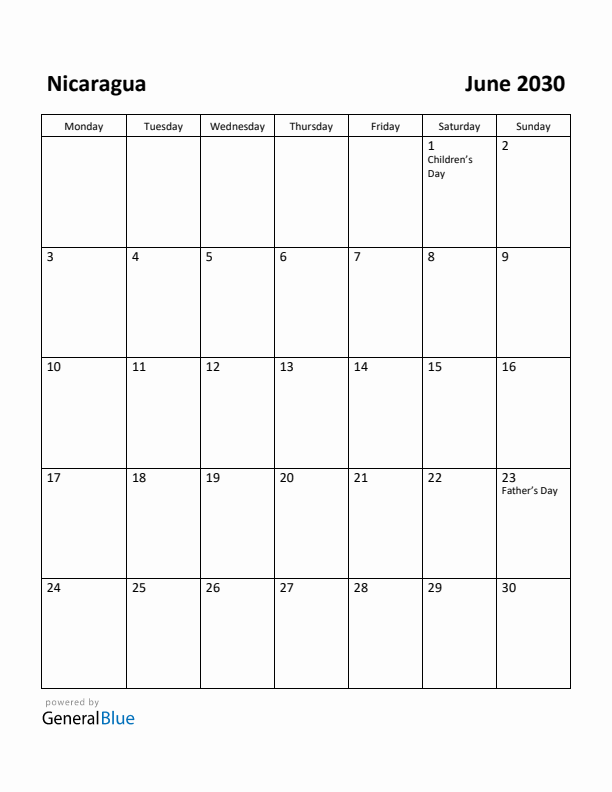 June 2030 Calendar with Nicaragua Holidays