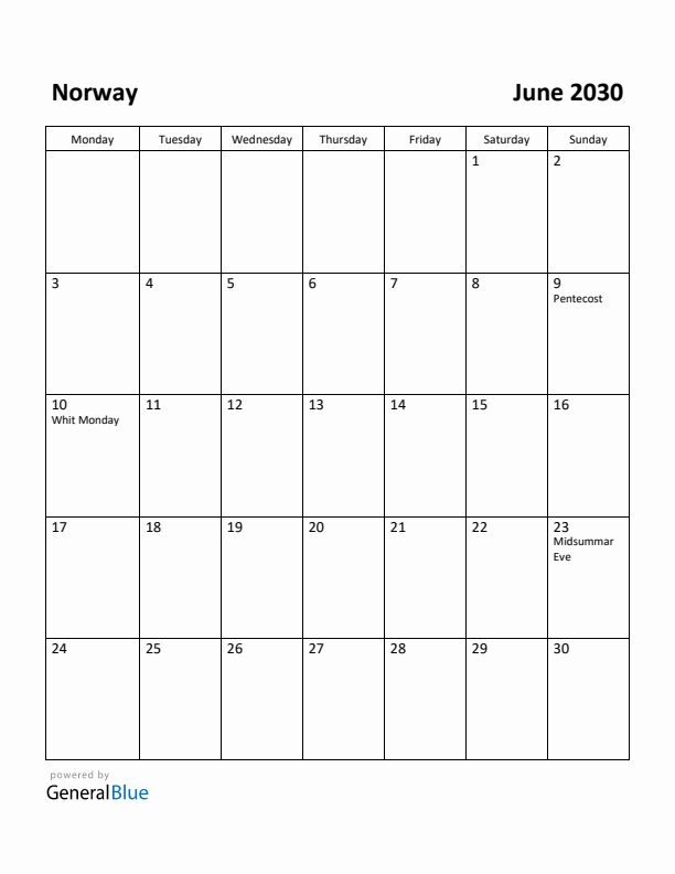 June 2030 Calendar with Norway Holidays