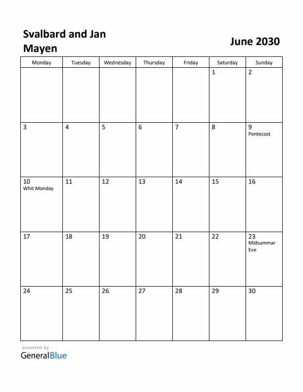 June 2030 Calendar with Svalbard and Jan Mayen Holidays