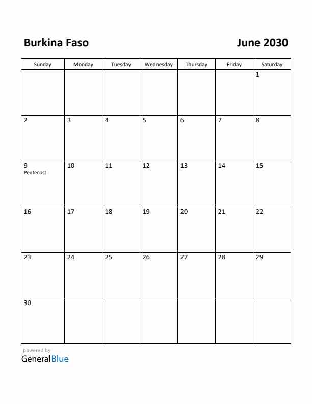 June 2030 Calendar with Burkina Faso Holidays