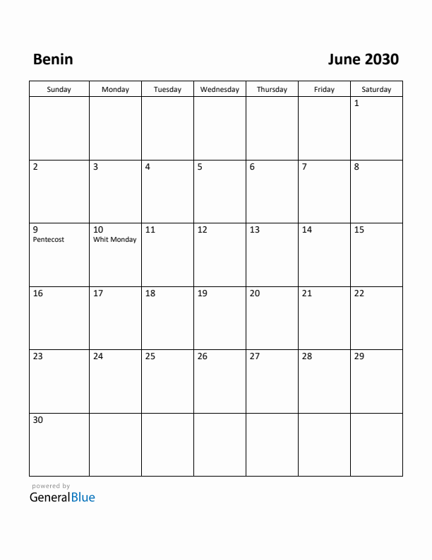 June 2030 Calendar with Benin Holidays
