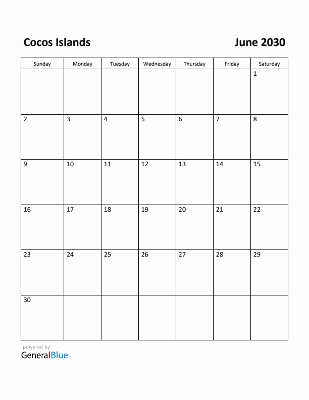 June 2030 Calendar with Cocos Islands Holidays