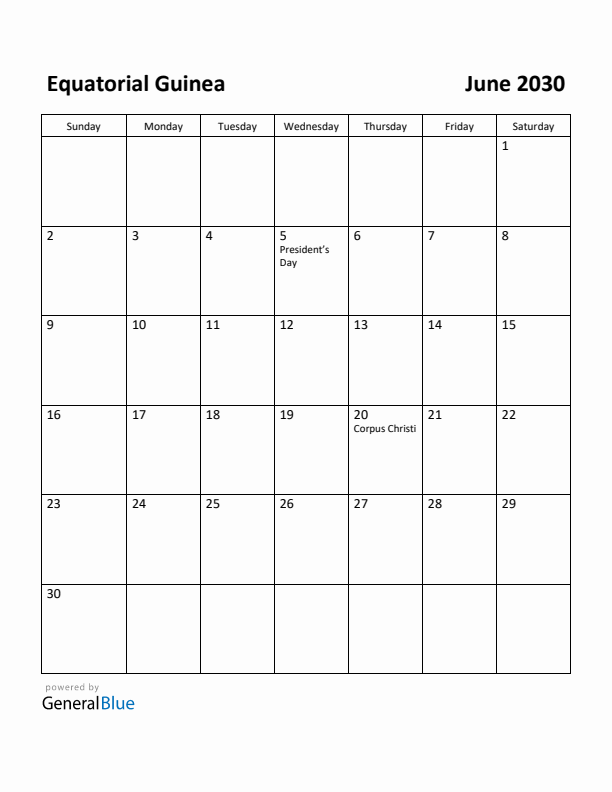 June 2030 Calendar with Equatorial Guinea Holidays