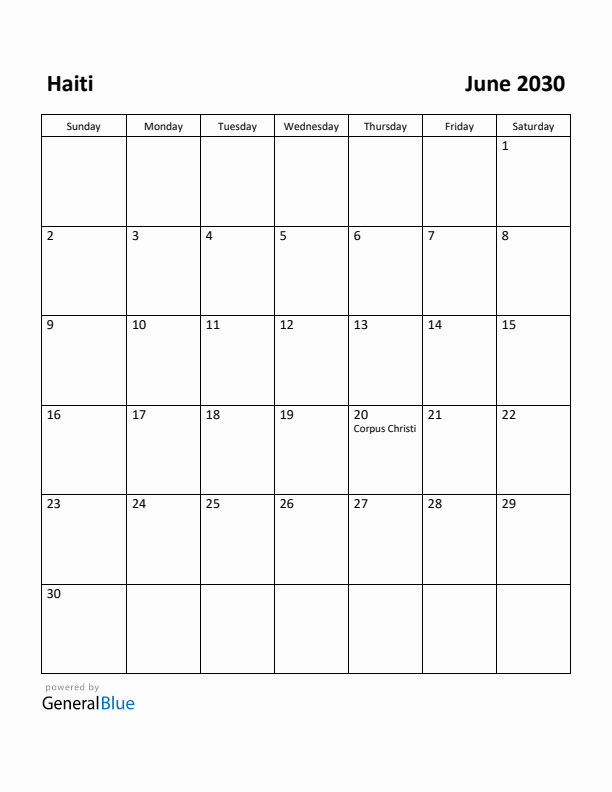 June 2030 Calendar with Haiti Holidays