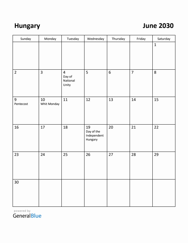 June 2030 Calendar with Hungary Holidays