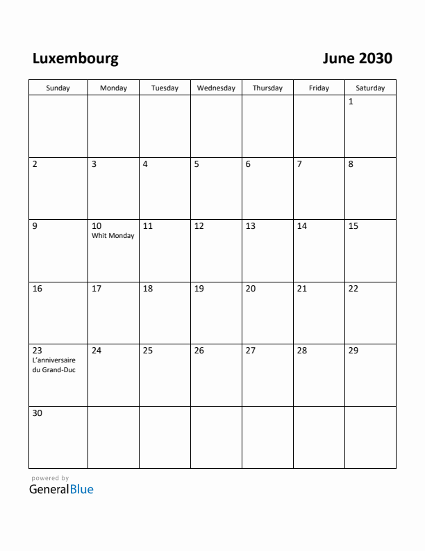June 2030 Calendar with Luxembourg Holidays