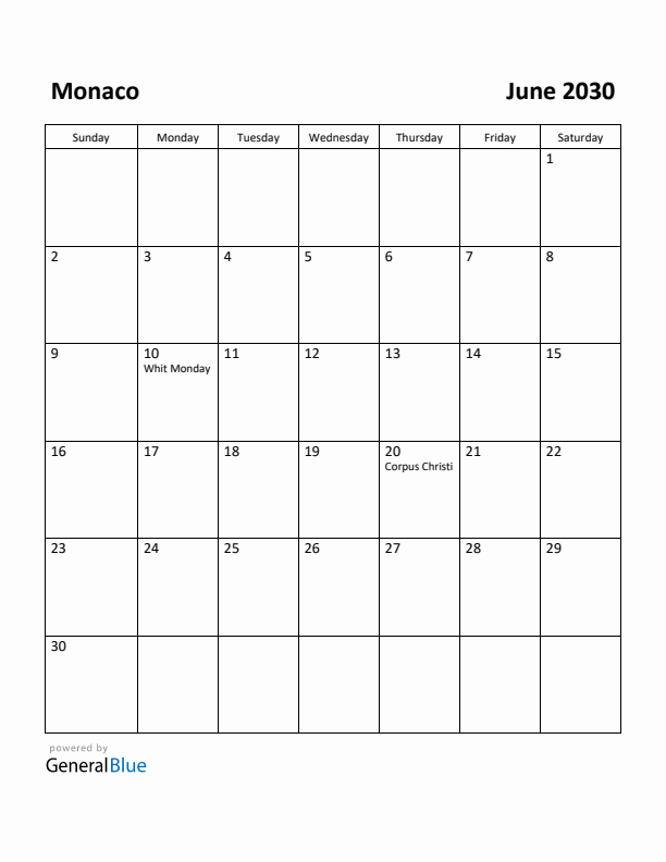 June 2030 Calendar with Monaco Holidays