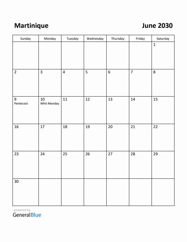 June 2030 Calendar with Martinique Holidays