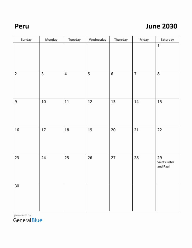 June 2030 Calendar with Peru Holidays