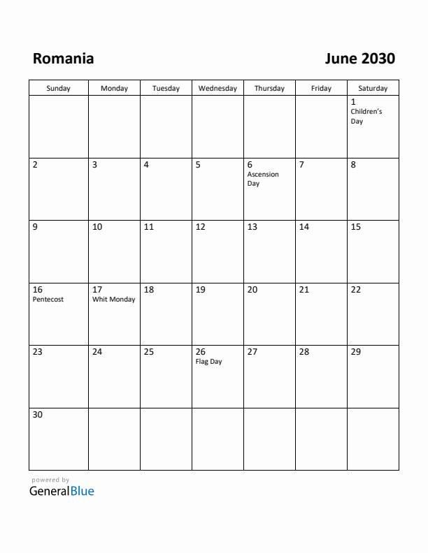 June 2030 Calendar with Romania Holidays