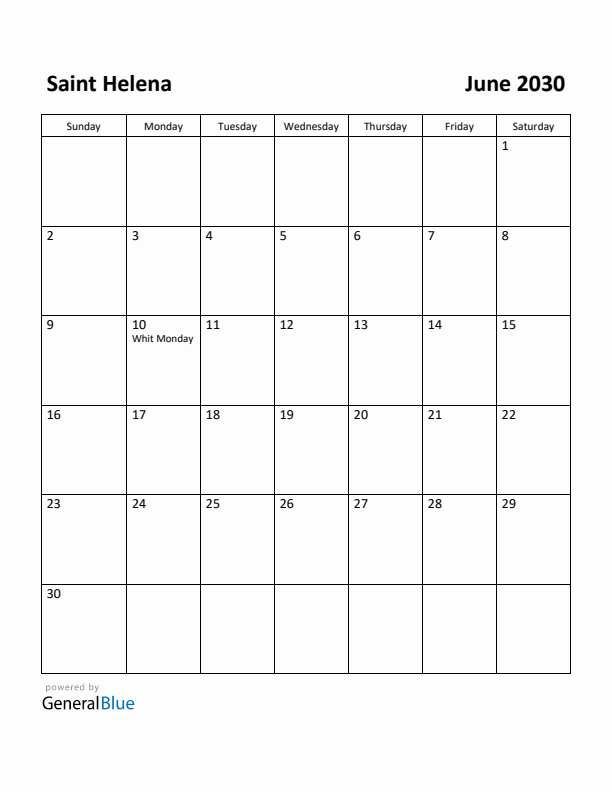 June 2030 Calendar with Saint Helena Holidays