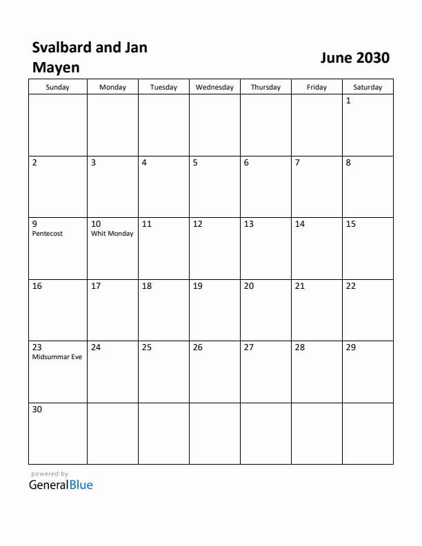 June 2030 Calendar with Svalbard and Jan Mayen Holidays
