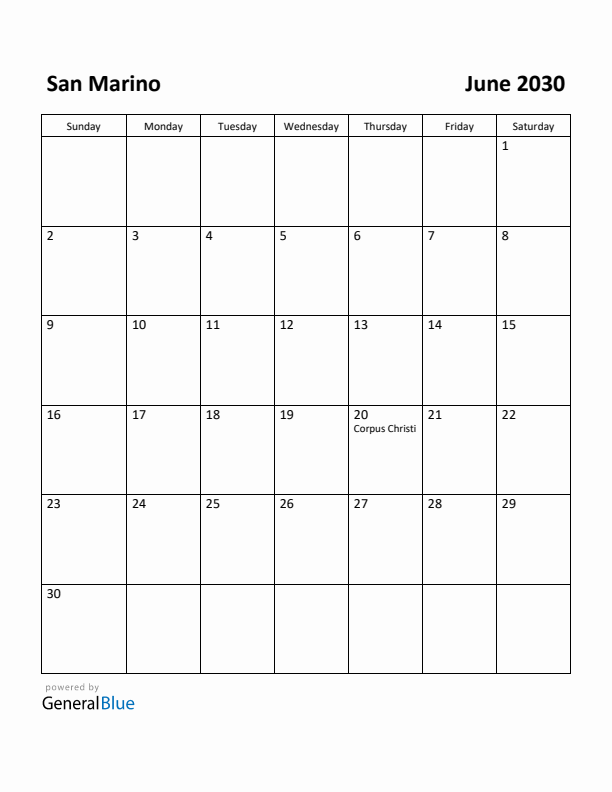 June 2030 Calendar with San Marino Holidays