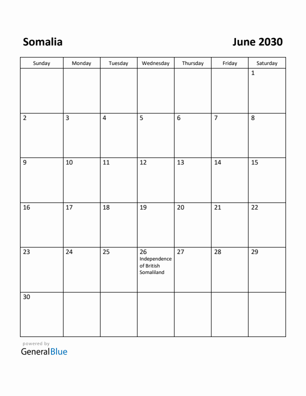 June 2030 Calendar with Somalia Holidays