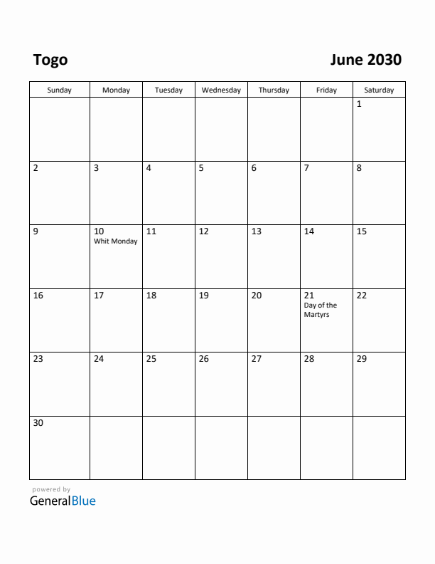 June 2030 Calendar with Togo Holidays