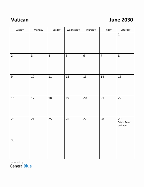 June 2030 Calendar with Vatican Holidays