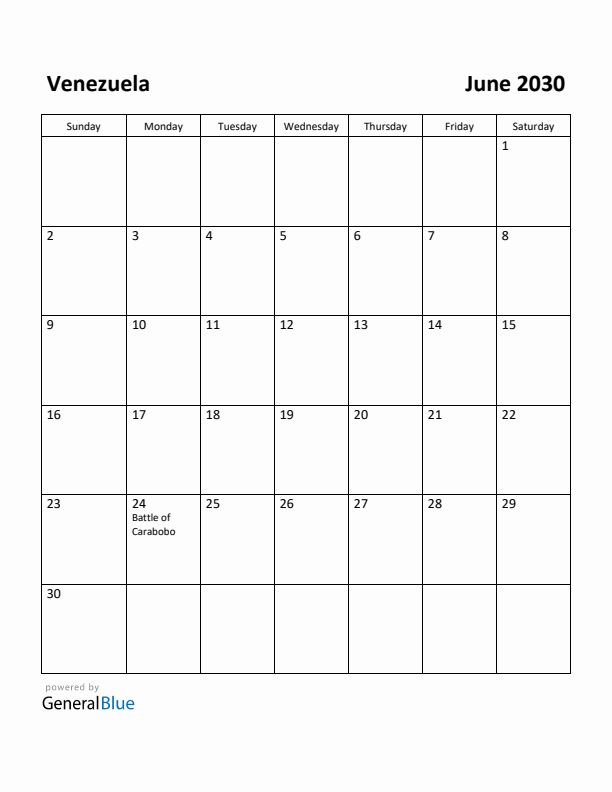 June 2030 Calendar with Venezuela Holidays