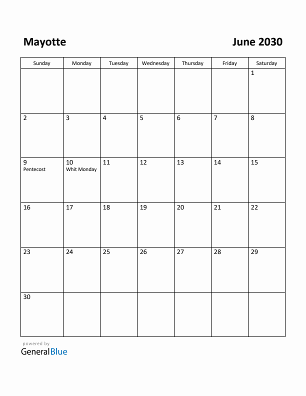 June 2030 Calendar with Mayotte Holidays