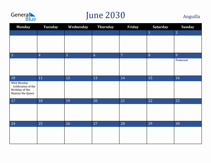 June 2030 Anguilla Calendar (Monday Start)