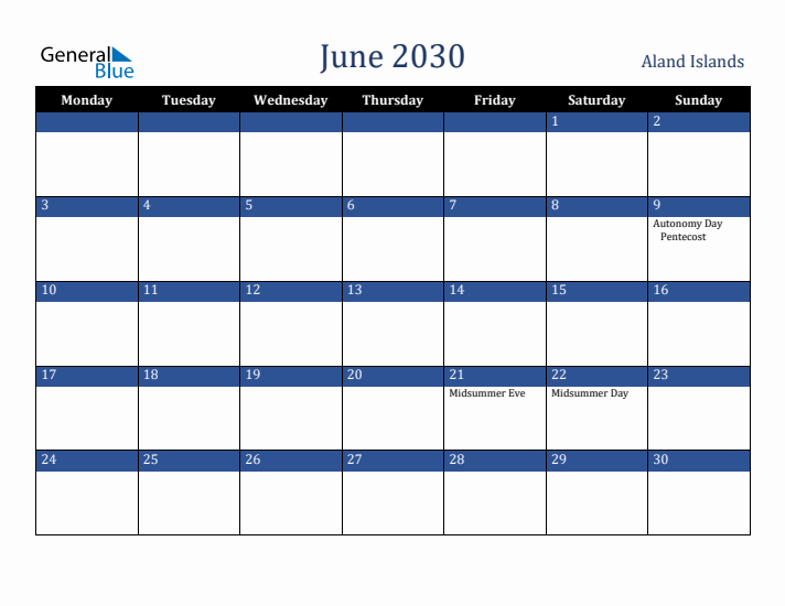 June 2030 Aland Islands Calendar (Monday Start)