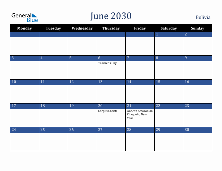 June 2030 Bolivia Calendar (Monday Start)