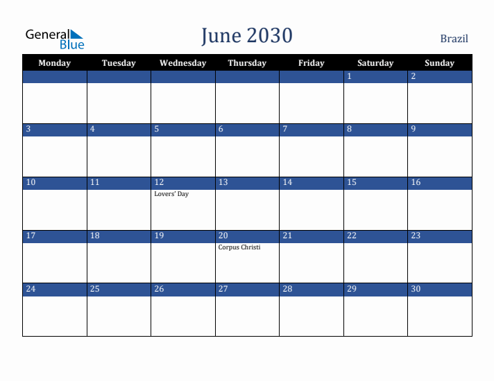 June 2030 Brazil Calendar (Monday Start)
