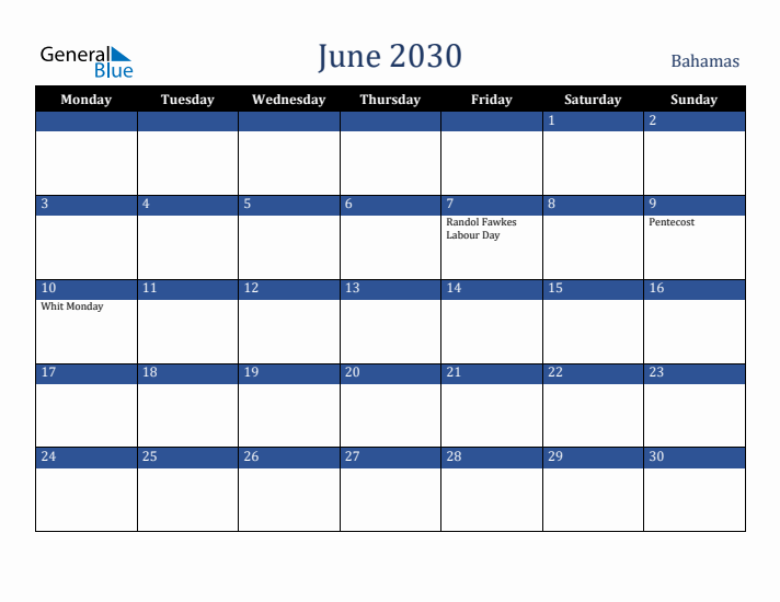 June 2030 Bahamas Calendar (Monday Start)