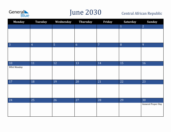 June 2030 Central African Republic Calendar (Monday Start)
