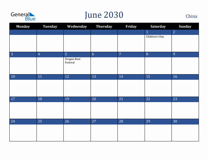 June 2030 China Calendar (Monday Start)