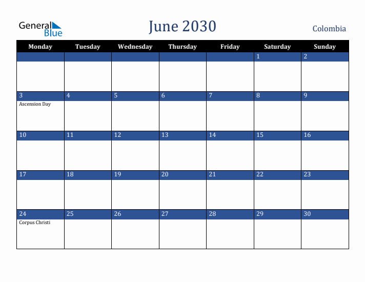 June 2030 Colombia Calendar (Monday Start)