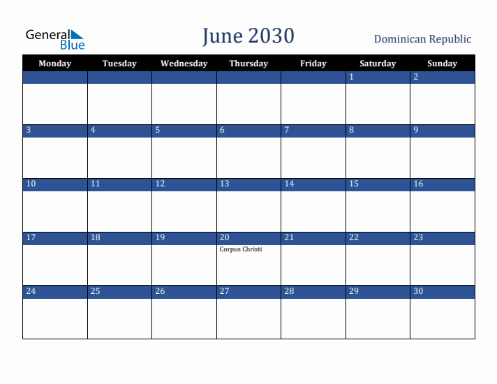 June 2030 Dominican Republic Calendar (Monday Start)