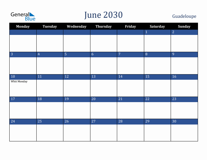 June 2030 Guadeloupe Calendar (Monday Start)