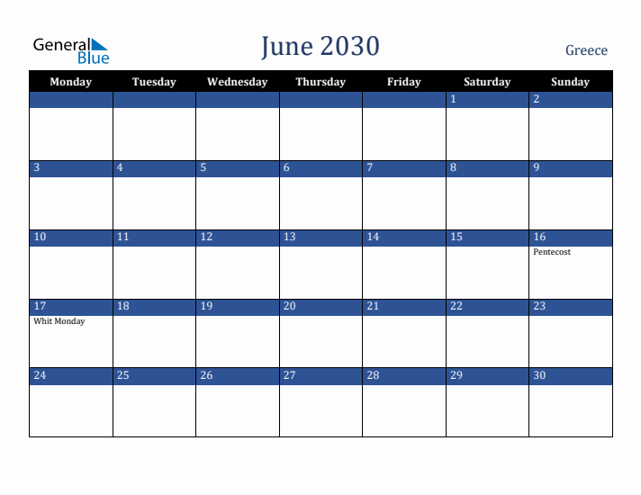 June 2030 Greece Calendar (Monday Start)