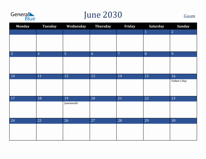 June 2030 Guam Calendar (Monday Start)