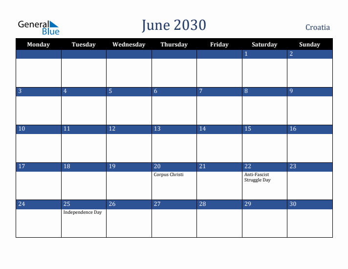 June 2030 Croatia Calendar (Monday Start)