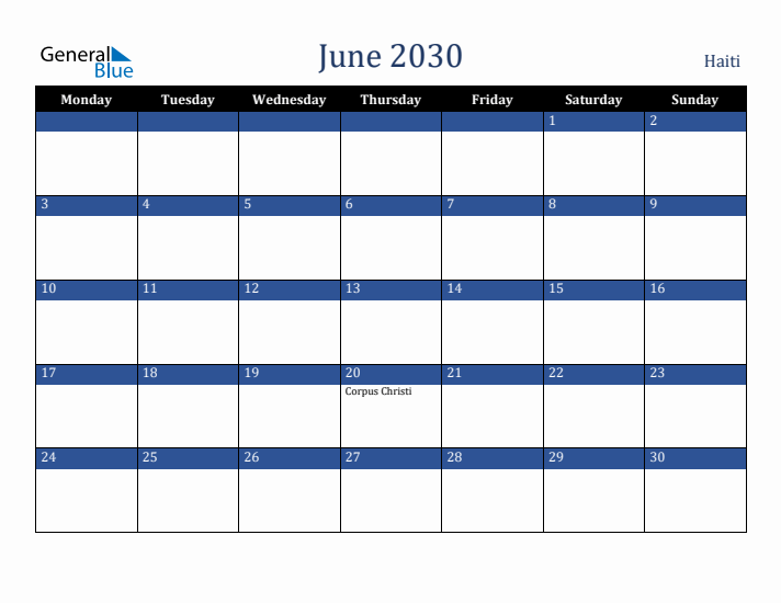 June 2030 Haiti Calendar (Monday Start)