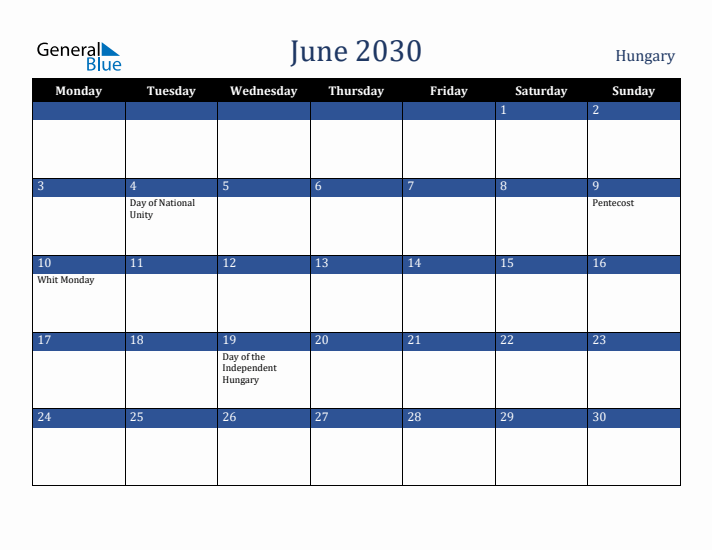 June 2030 Hungary Calendar (Monday Start)