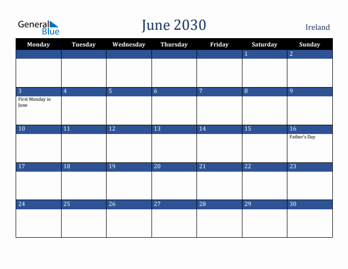 June 2030 Ireland Calendar (Monday Start)