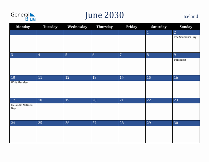 June 2030 Iceland Calendar (Monday Start)