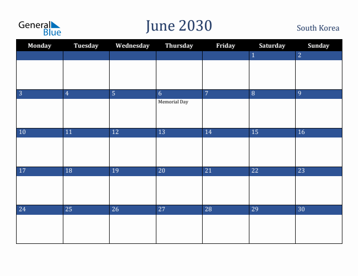 June 2030 South Korea Calendar (Monday Start)