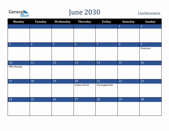June 2030 Liechtenstein Calendar (Monday Start)