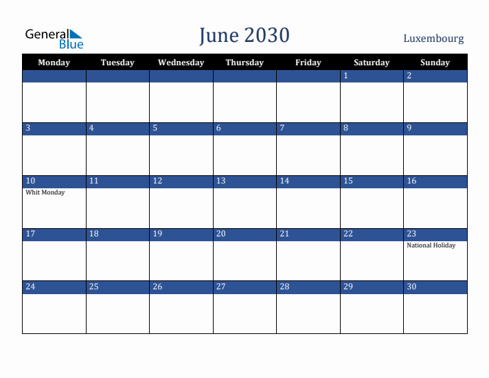 June 2030 Luxembourg Calendar (Monday Start)