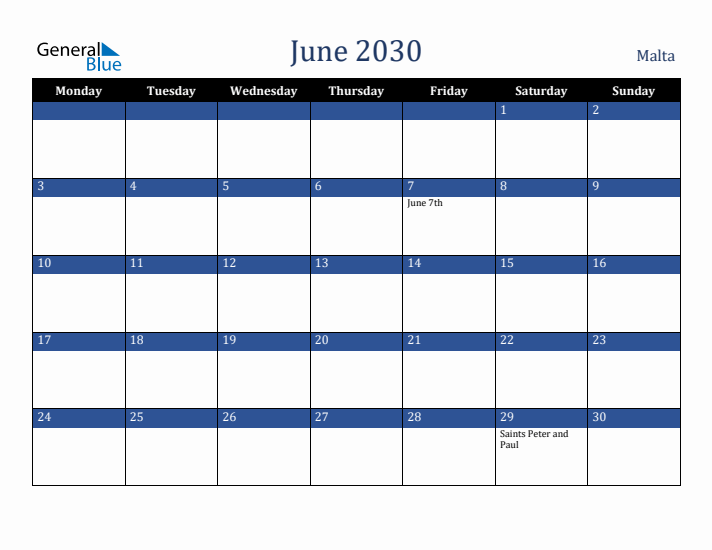 June 2030 Malta Calendar (Monday Start)