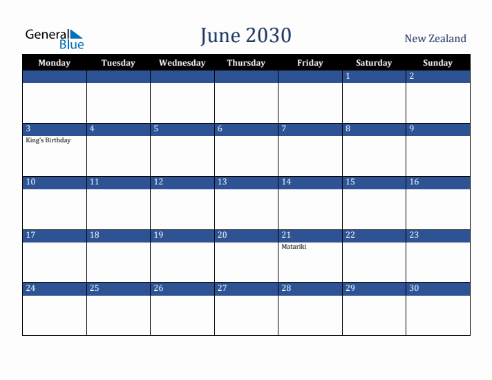 June 2030 New Zealand Calendar (Monday Start)