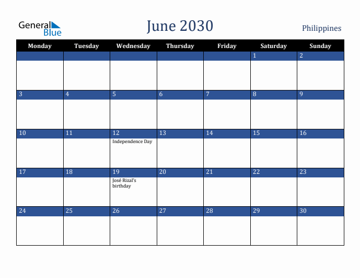 June 2030 Philippines Calendar (Monday Start)